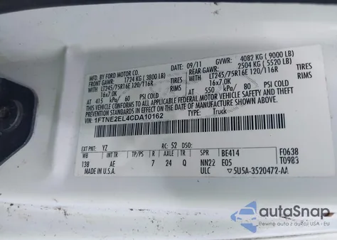 2012 Ford E-250 Commercial from USA, damaged, VIN 1FTNE2EL4CDA10162